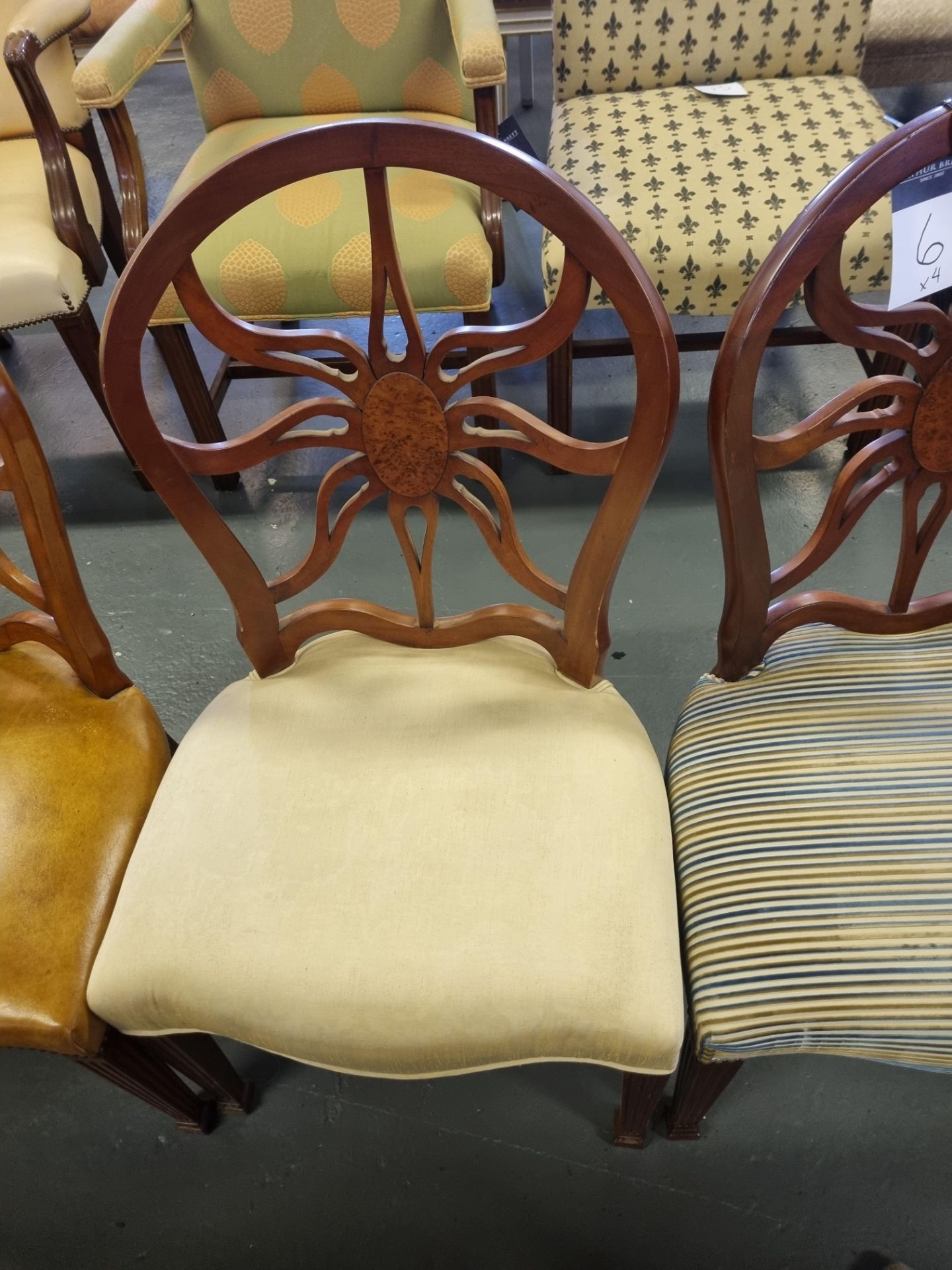 4 X Arthur Brett Mahogany Sunburst Side Chair With Bespoke Assorted Patterned Upholstery George - Image 3 of 5