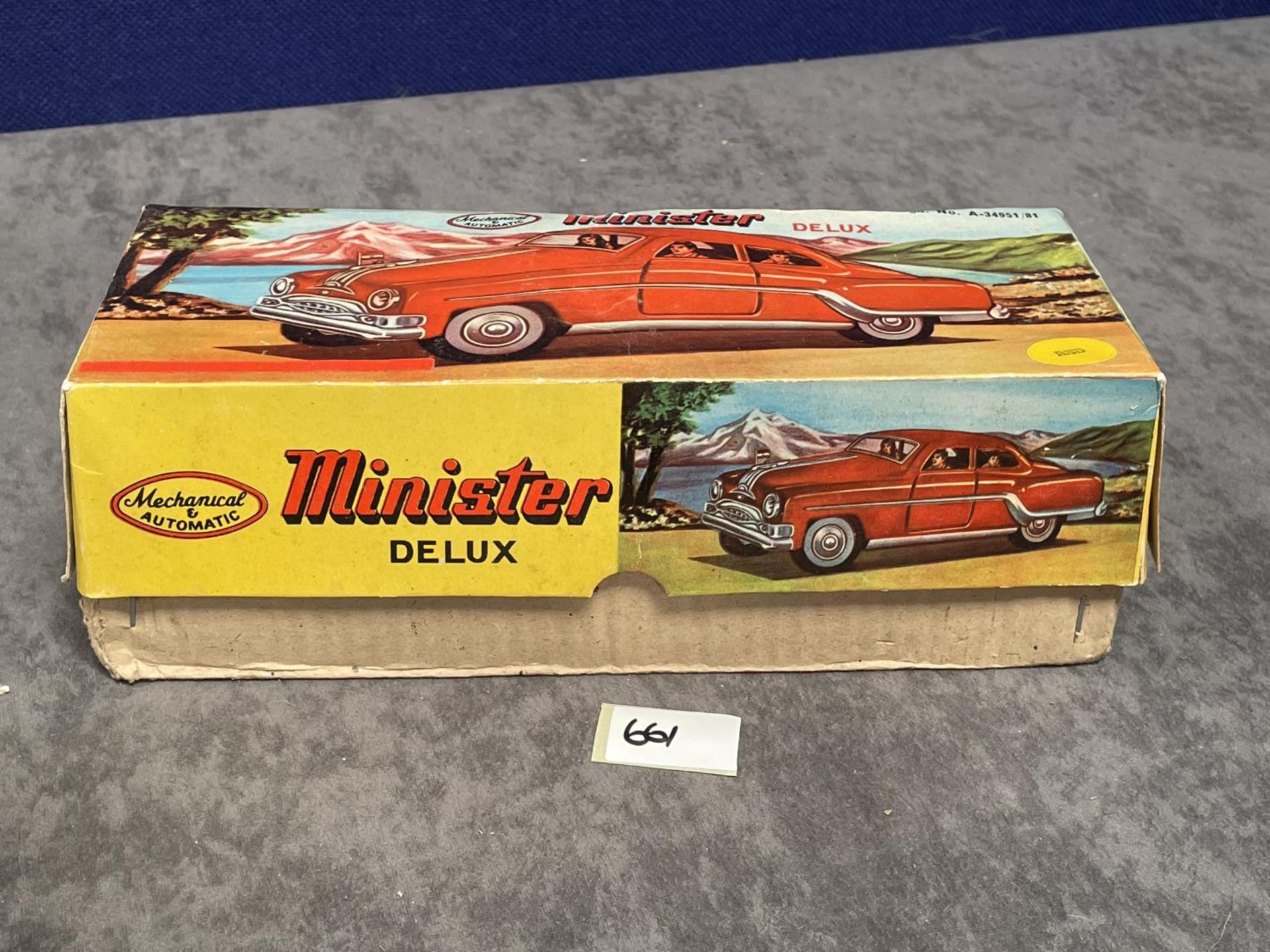 Vintage Mechanical & Automatic Minister Delux Pontiac Tin Red Car A-34951/81 1:2, Car And Box
