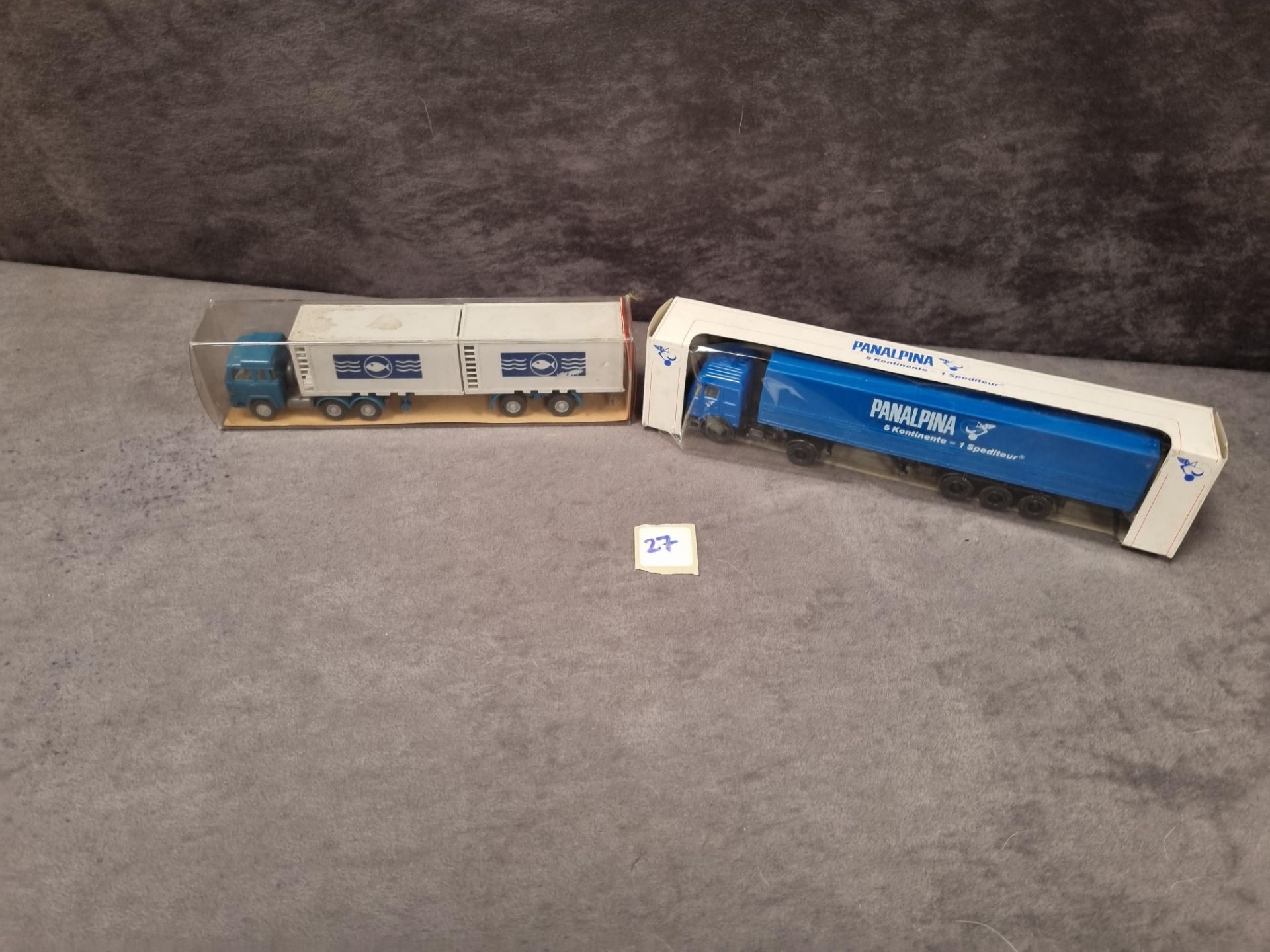 2x lorries in boxes comprising of 1x Wiking #522 Kuhl - Container Sattelzug & 1x Herpa #811 270 DB