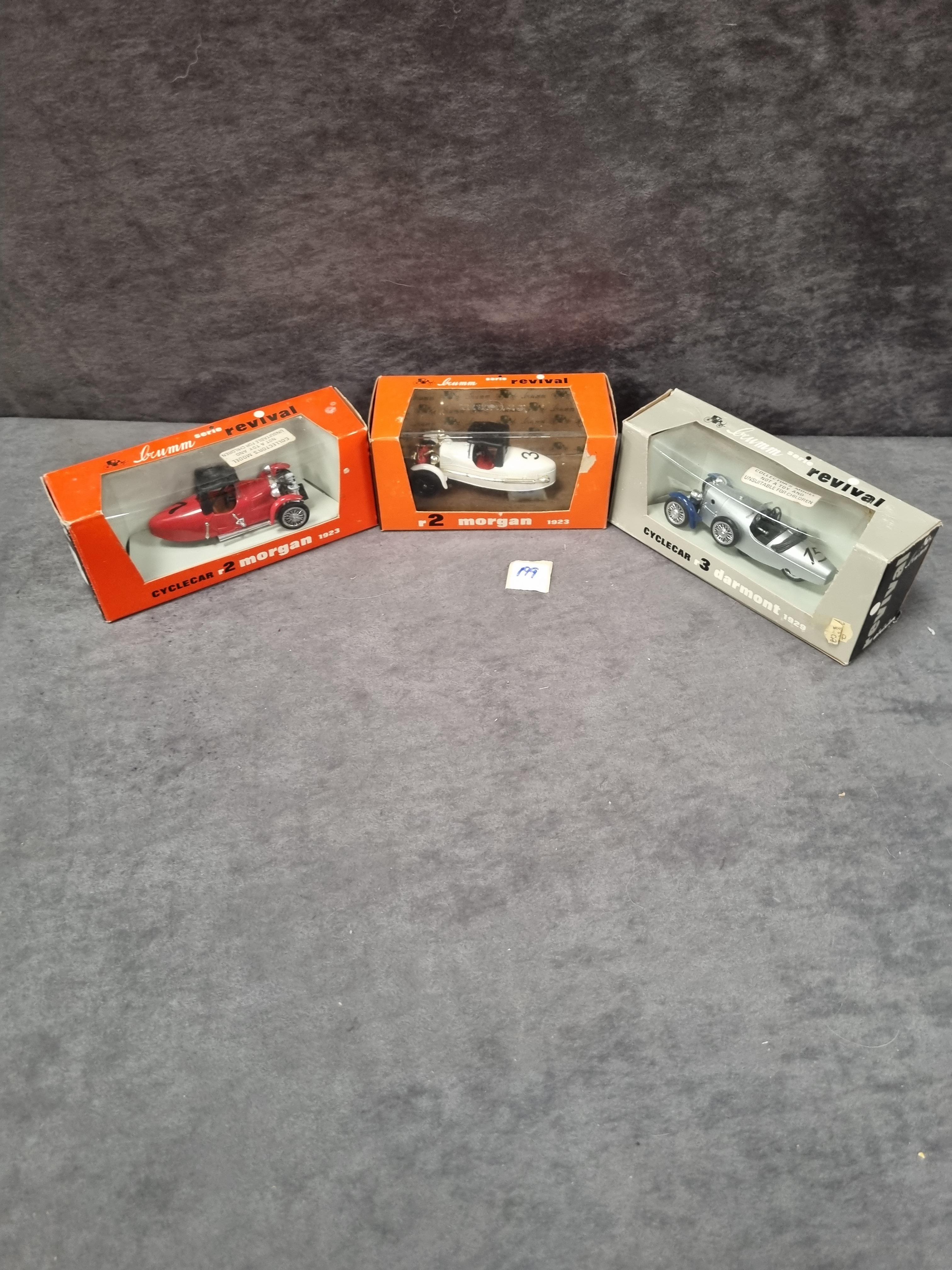 3x Brumm revival cyclecar diecast vehicles 2x #r2 Morgan 1923 * 1x #r3 Darmont 1929 in boxes