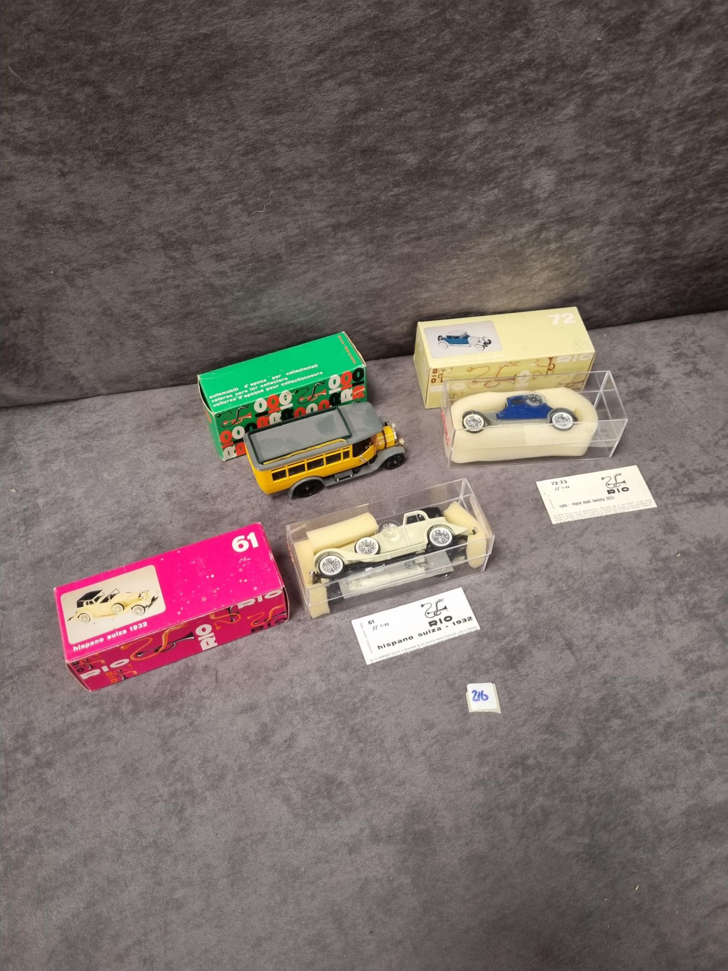 3x Rio Diecast Cars in boxes, comprising of; #20 19*15 fiat omnibus 18 BL, #61 Hispano suiza