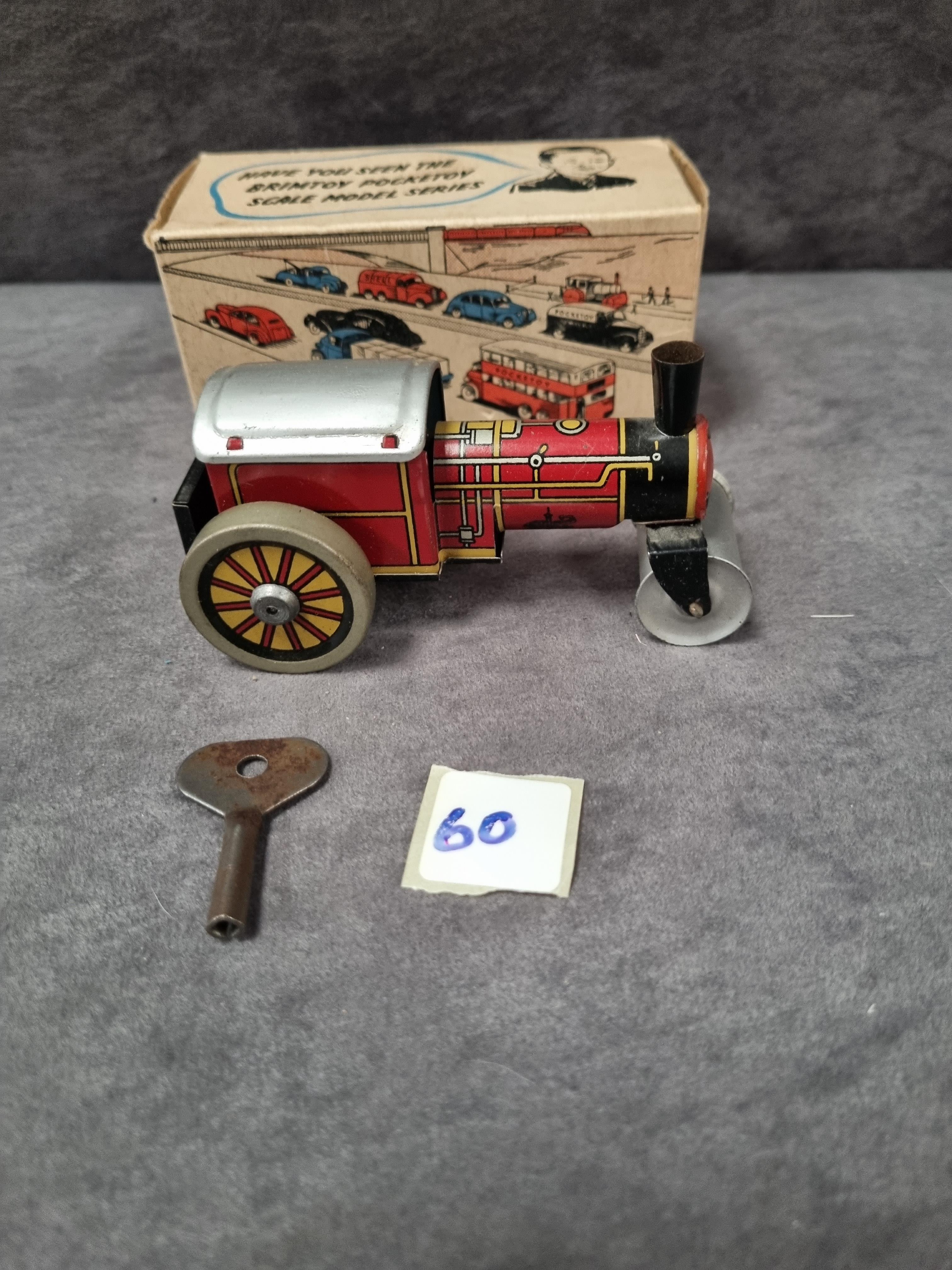 Brimtoy pocket toy 9/501mechanical steam roller tin plate with key in box - Image 2 of 4