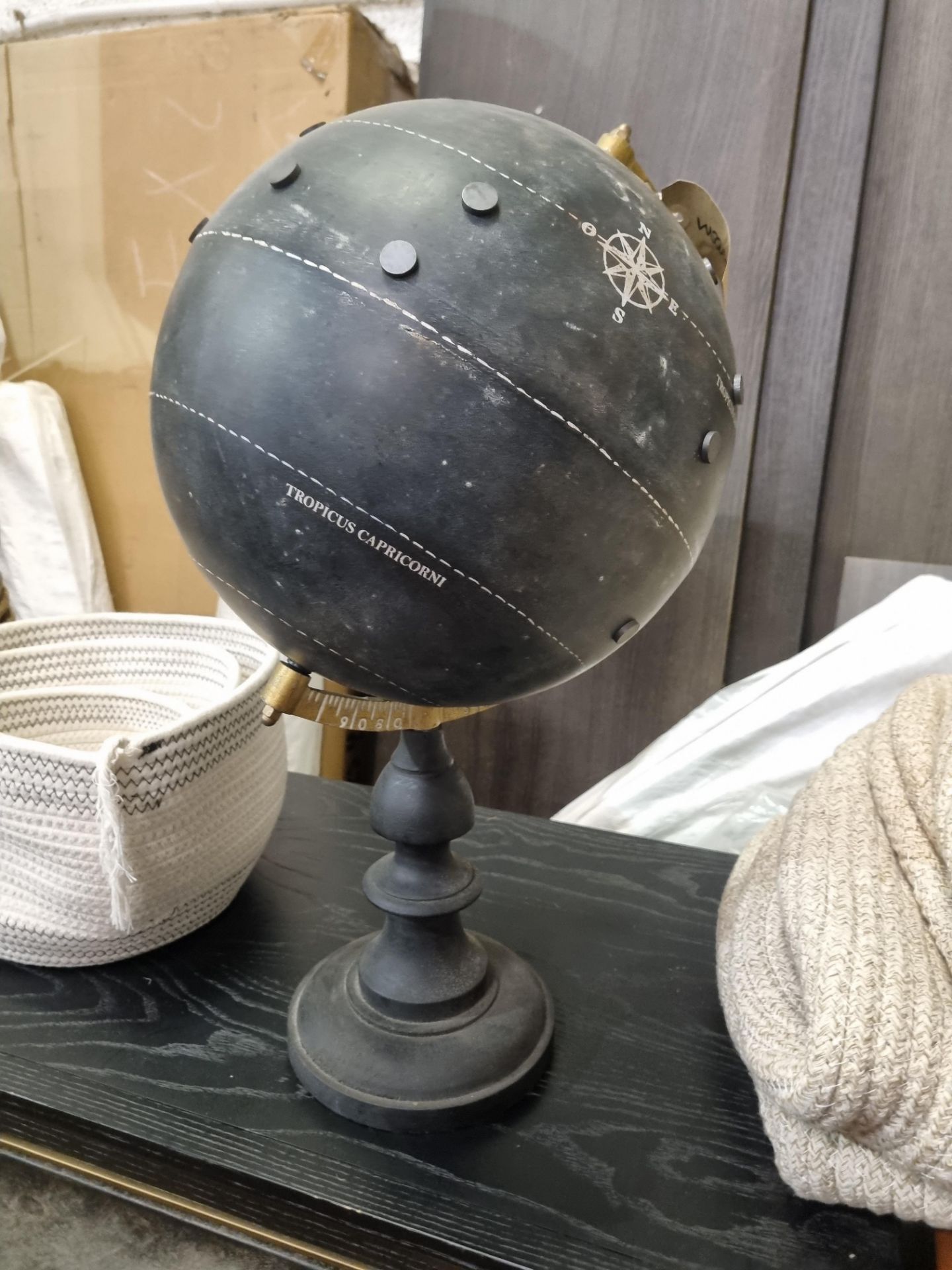 Black metal globe on black wooden base with brass axel W 300mm H 550mm (SR123) - Image 2 of 4