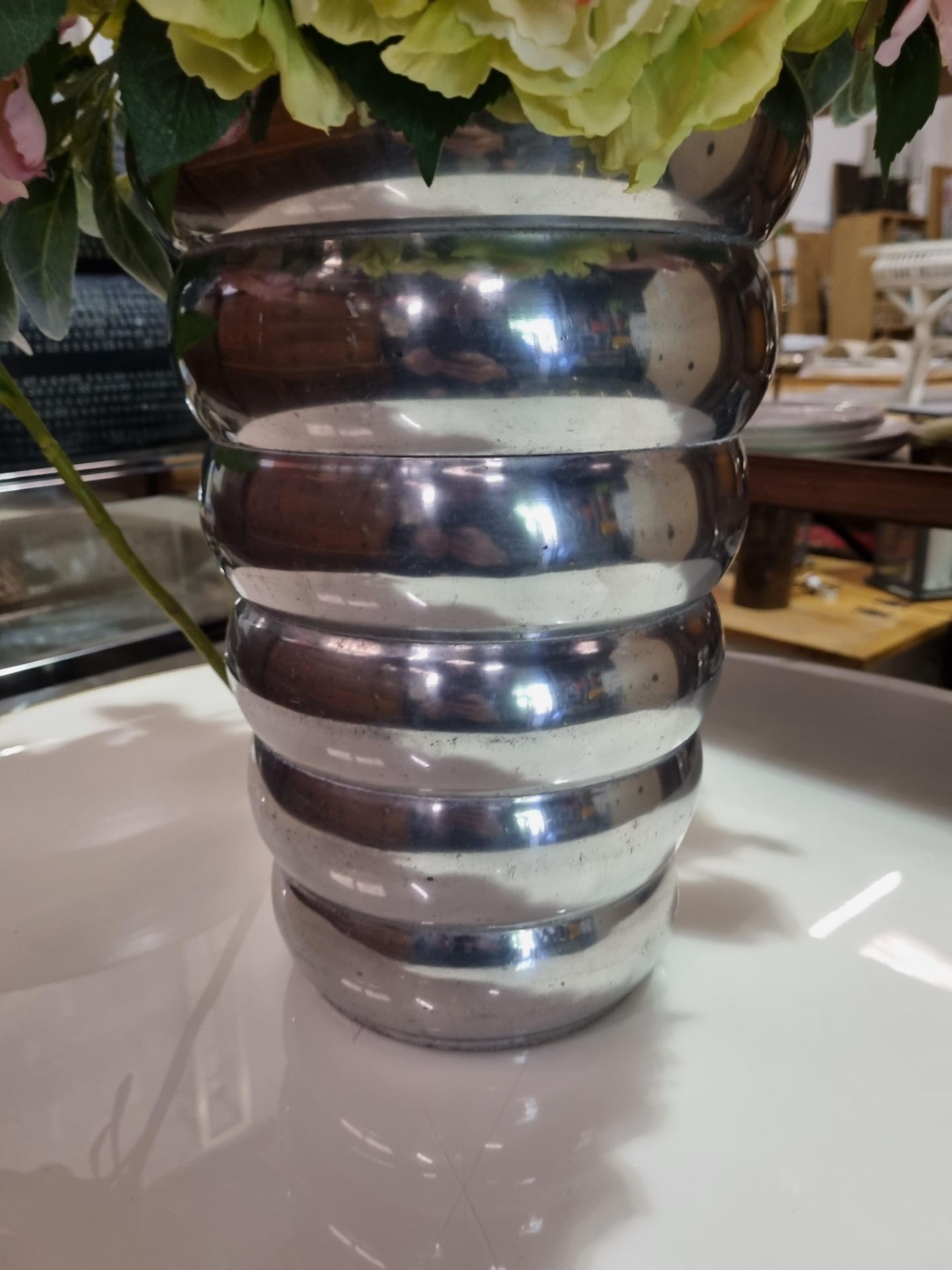 Silver Metal Vase with Artificial Flower display D150mm x H330mm(SR15) - Image 2 of 2