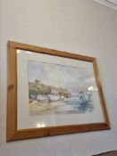 Wall Art depicitng Boats in a St Ives Harbour with lighthouse In Pine Frame W1000mm D 790mm