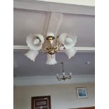A Pair Of Brass 5 Arm Ceiling Lights With White Glass Shades Drop 220mm Diameter 550mm