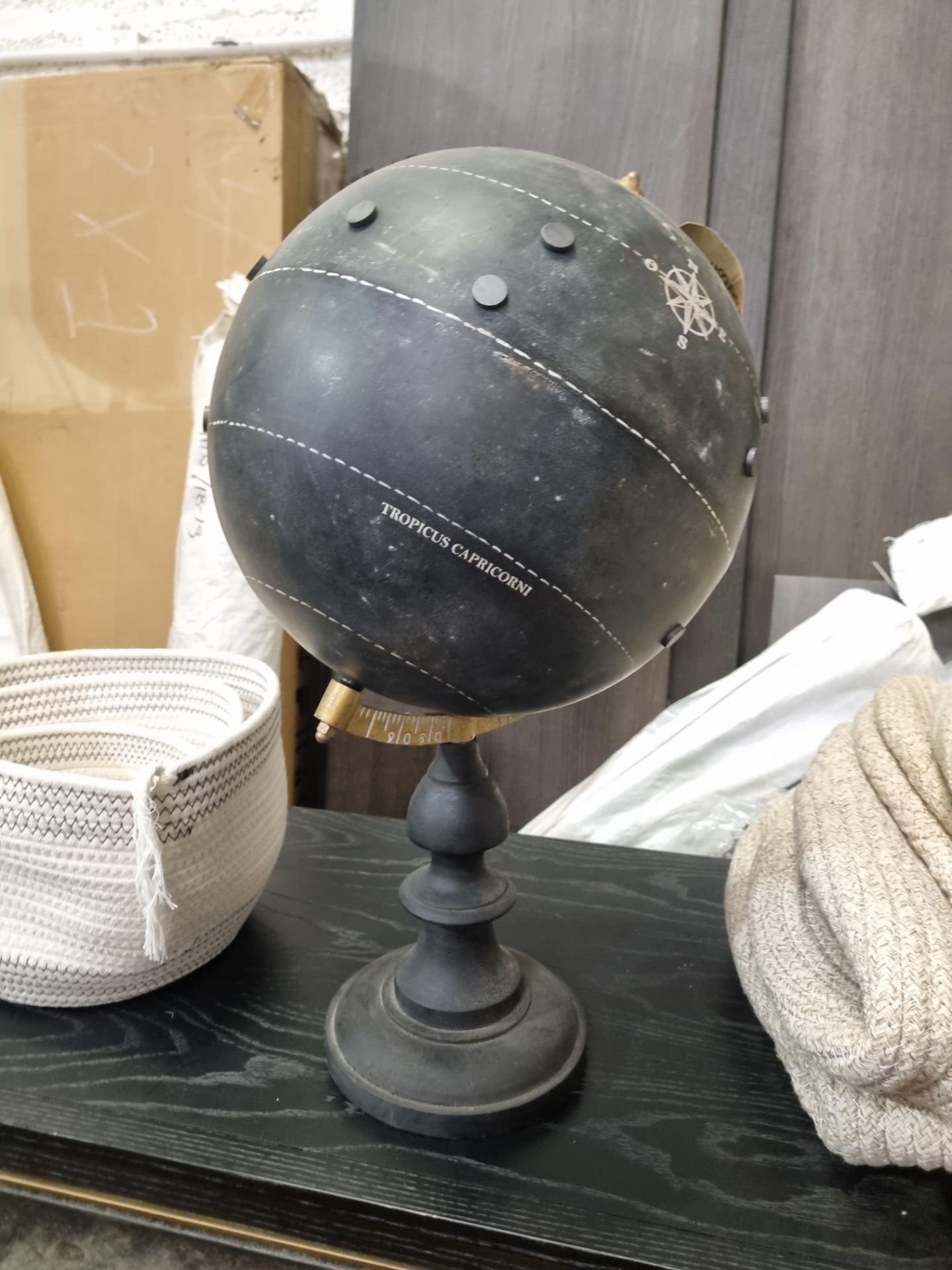 Black metal globe on black wooden base with brass axel W 300mm H 550mm (SR123) - Image 3 of 4