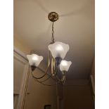 A Pair Of Three Branch Brass Chandeliers With Glass Frosted Shade D720 W 300mm