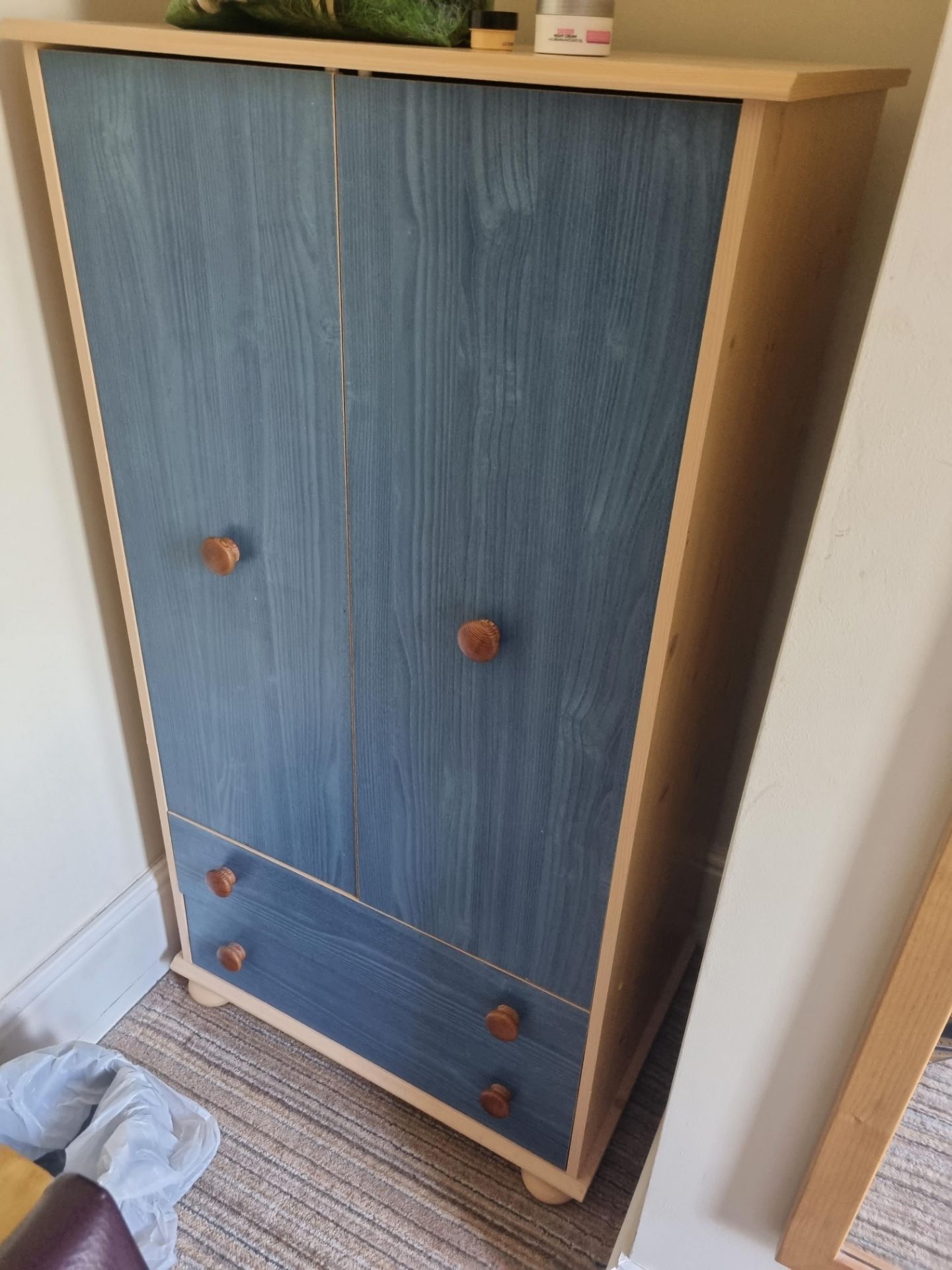 Wooden Small Blue 2 Drawer 2 Door Wardrobe W 720mm D 490mm H 1320mm (15)
