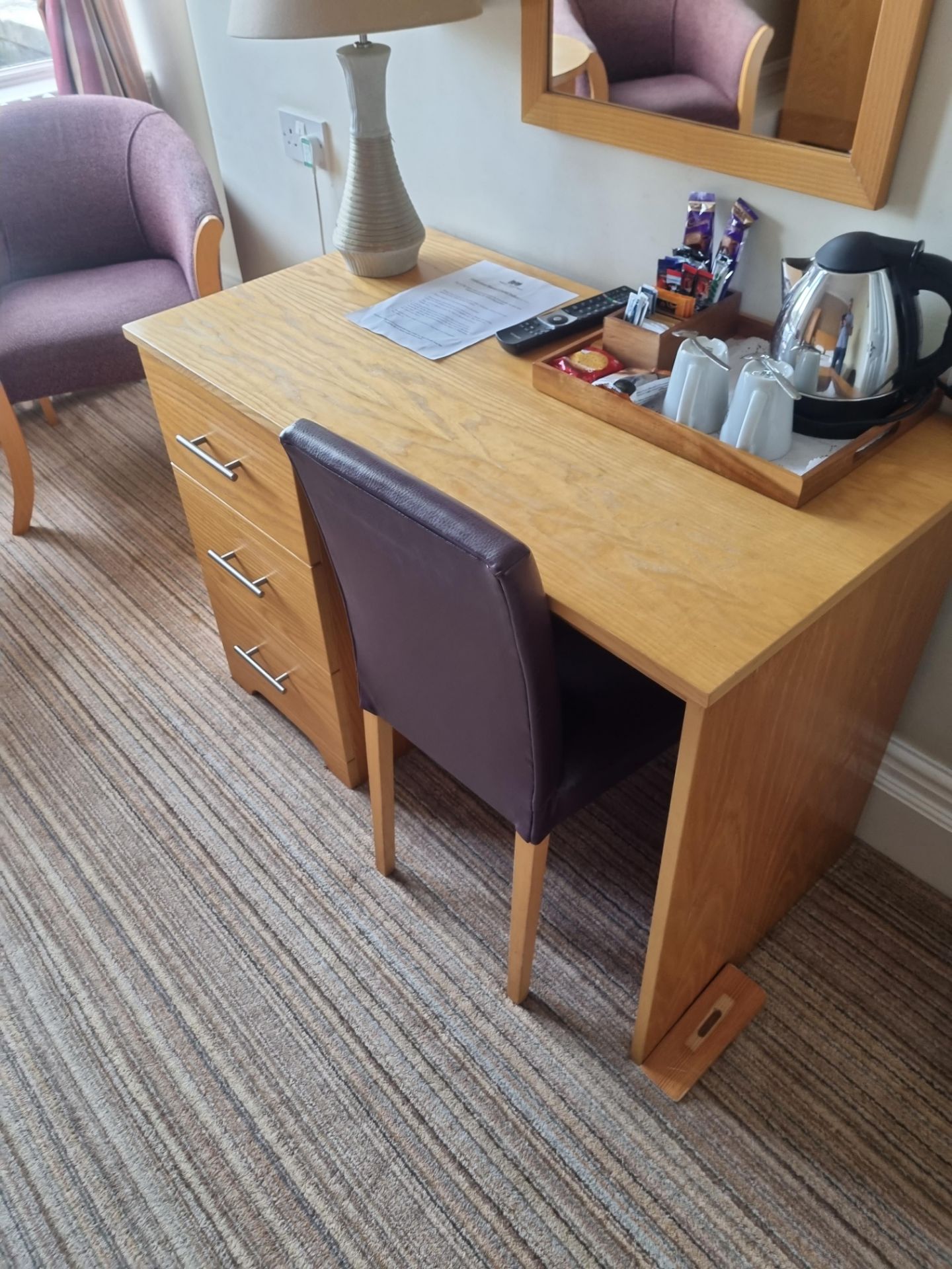 Pine Desk With 3 Drawers And Side Chair With Purple Upholstered Chair 1100 Mm X D 720 Mm H 750mm (