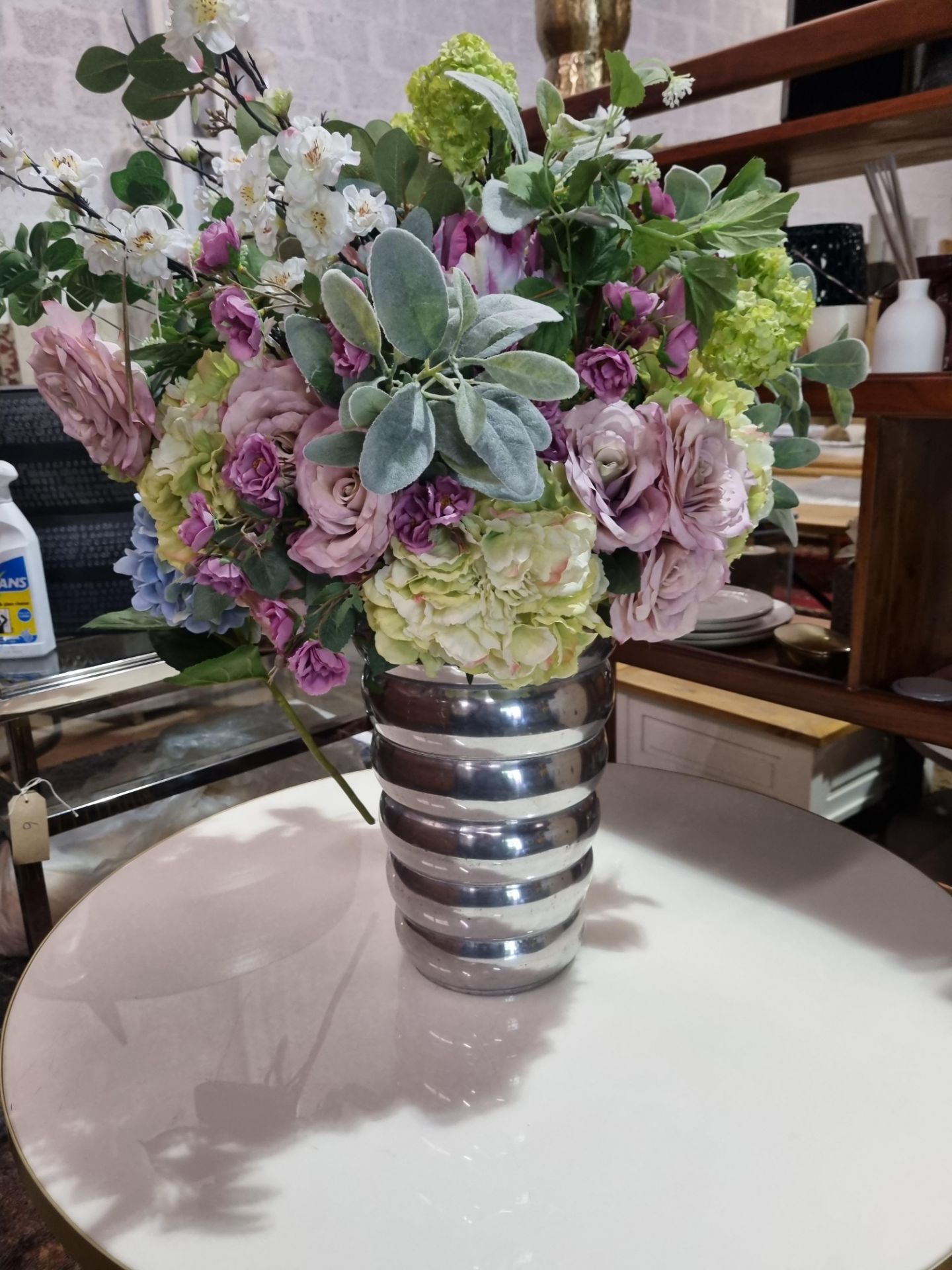 Silver Metal Vase with Artificial Flower display D150mm x H330mm(SR15)