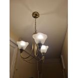 A Pair Of Three Branch Brass Chandeliers With Glass Frosted Shade D720 W 300mm