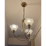 A Pair Of 3 Branch Brass Chandeliers With Frosted Shades D 1000mm W 400mm