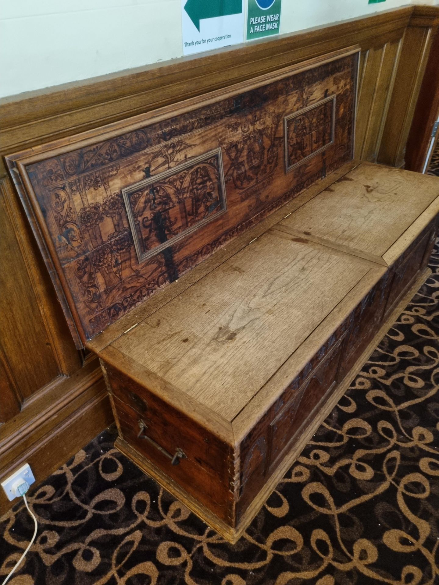 Wooden Monks Bench Seat With Carved Detail To Back And Hinged Lift Up Seat With Brass Handles On - Image 6 of 9
