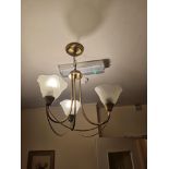 A Pair Of Three Branch Brass Chandeliers With Glass Frosted Shade D500 W 300mm