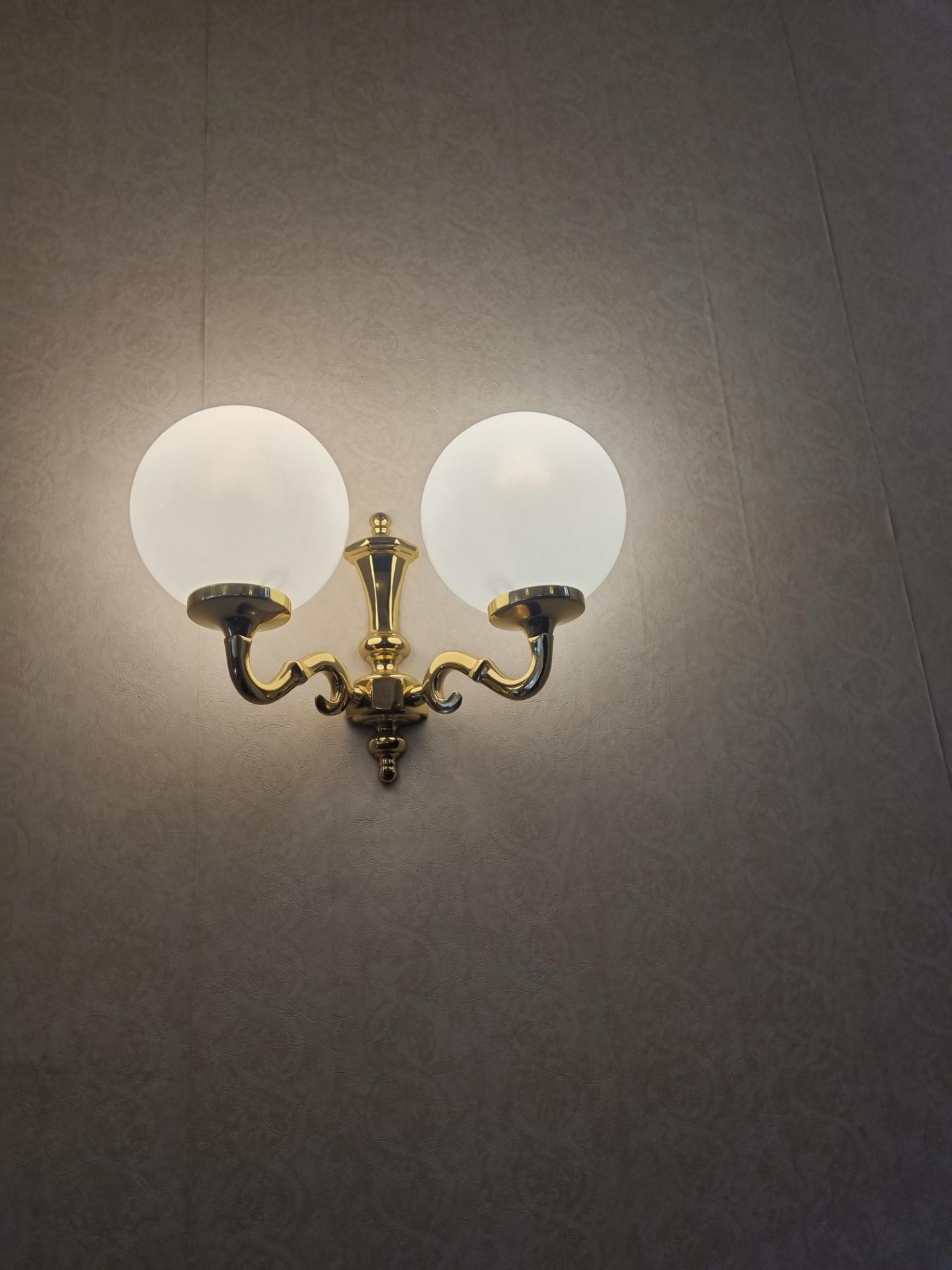 A Pair Of Brass Twin Arm With White Globe Shade Wall Scones Drop W 320mm - Image 2 of 2