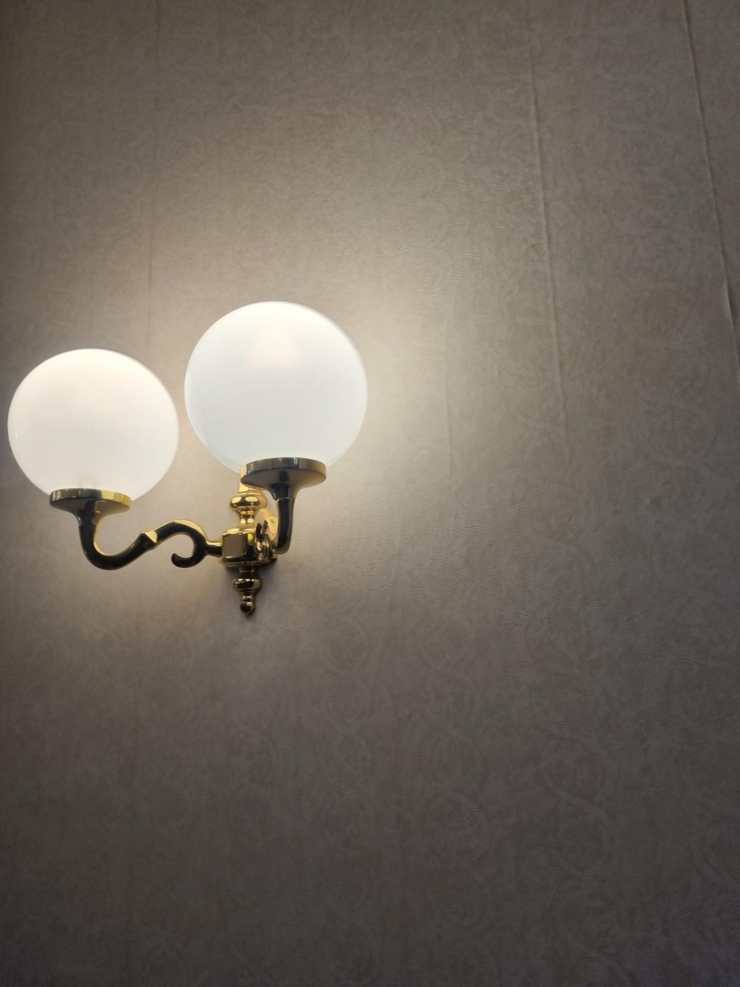 A Pair Of Brass Twin Arm With White Globe Shade Wall Scones Drop W 320mm - Image 2 of 2