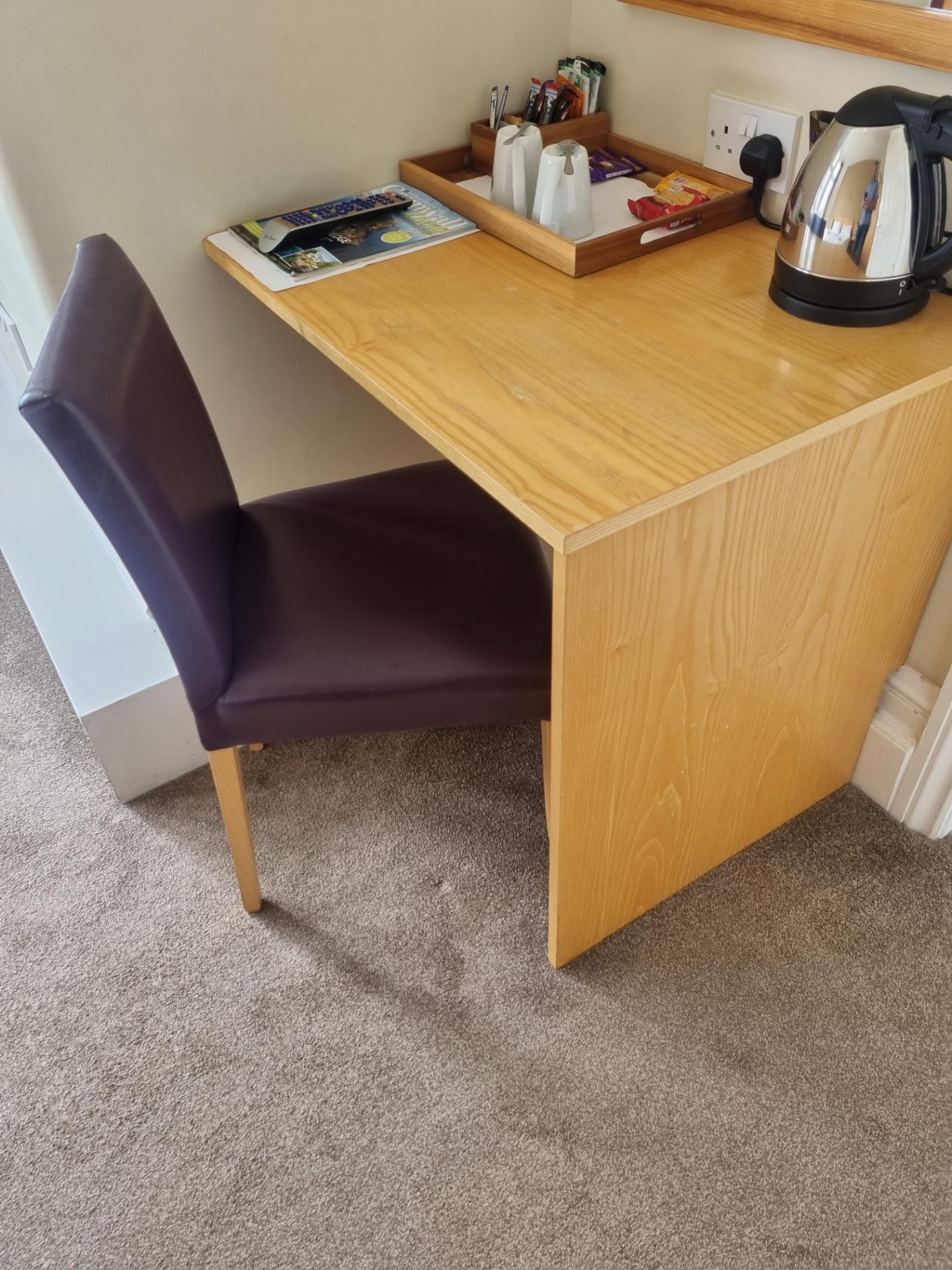 Wall Mounted Pine Desk With 6 Drawers And Side Chair With Purple Upholstered Chair 800 Mm X D600 Mm