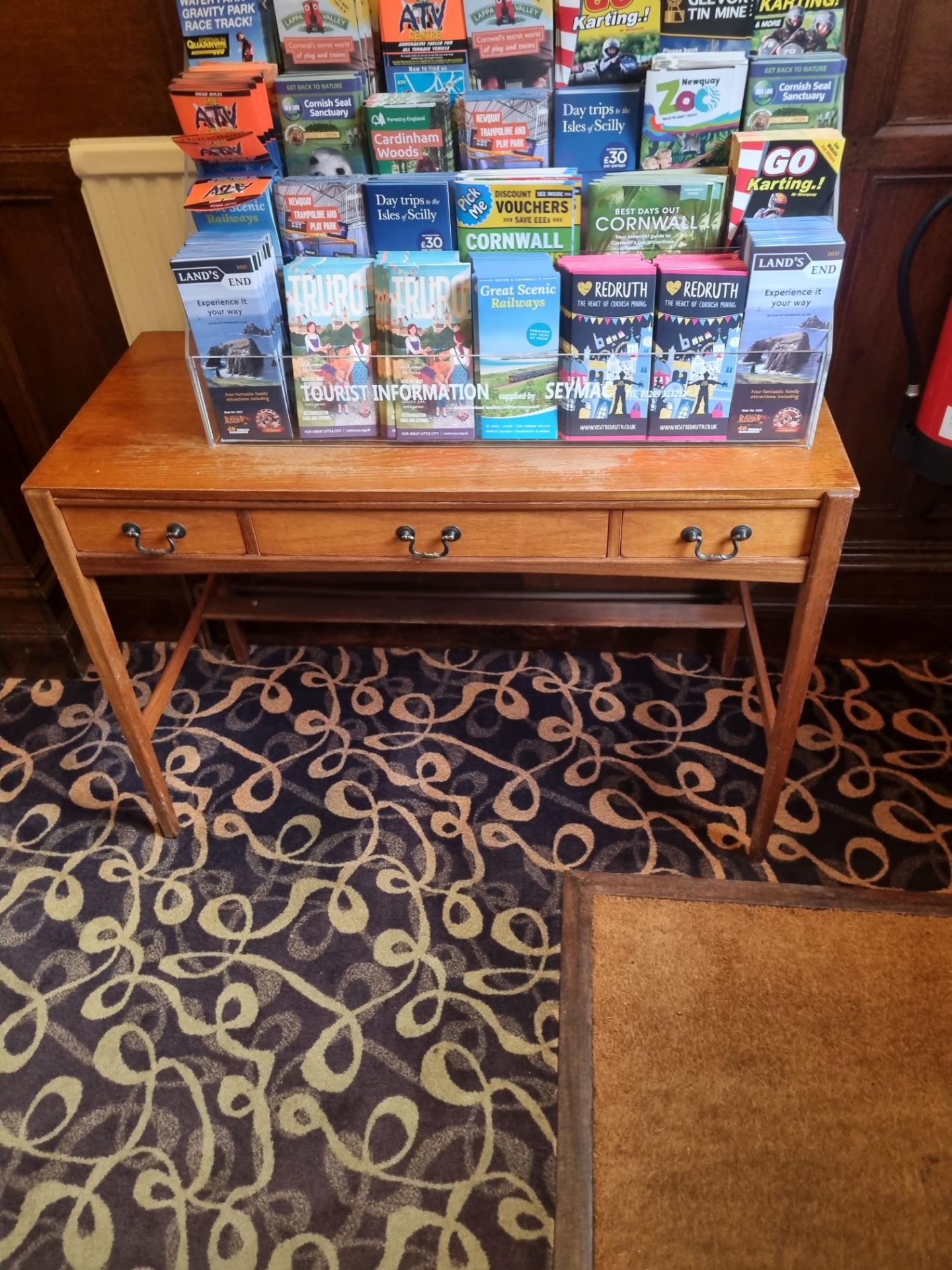 Wooden Hall Table, Three Drawers With Brass Handles, Tapered Legs And Stretcher W 1070mm D 480mm H