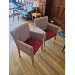 A Pair Of Beige Arm Chairs With Red Seat On Wooden Legs W 620mm D 450mm H 900mm