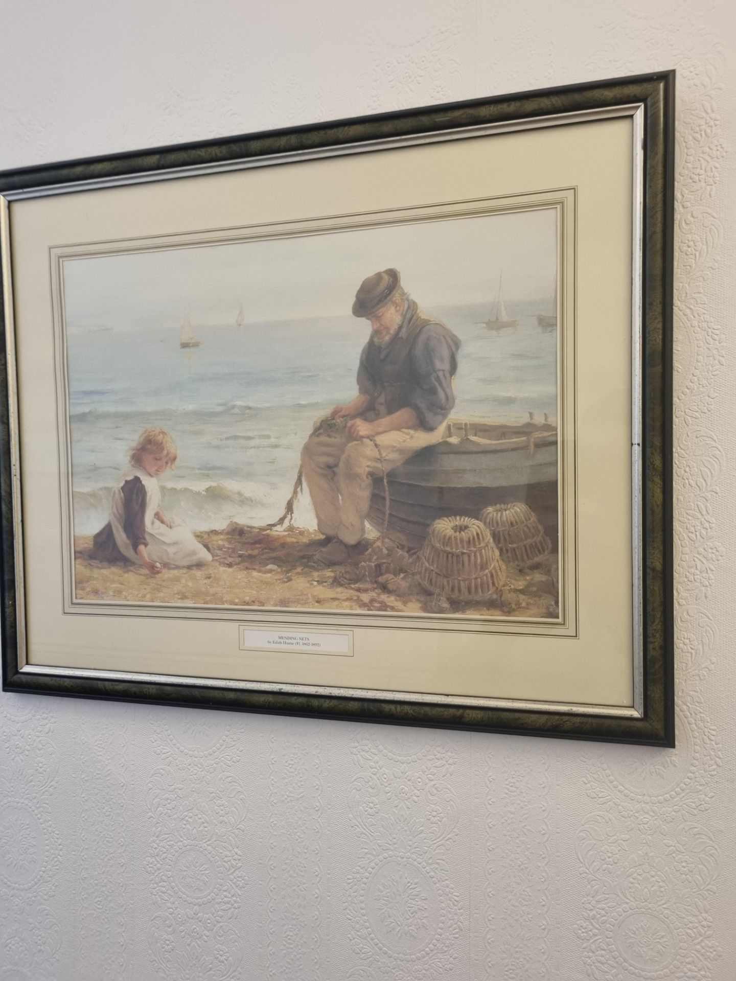 Mending Nets By Edith Hume (1862-1892) Framed Print In Black and Silver Frame 550mm 450mm