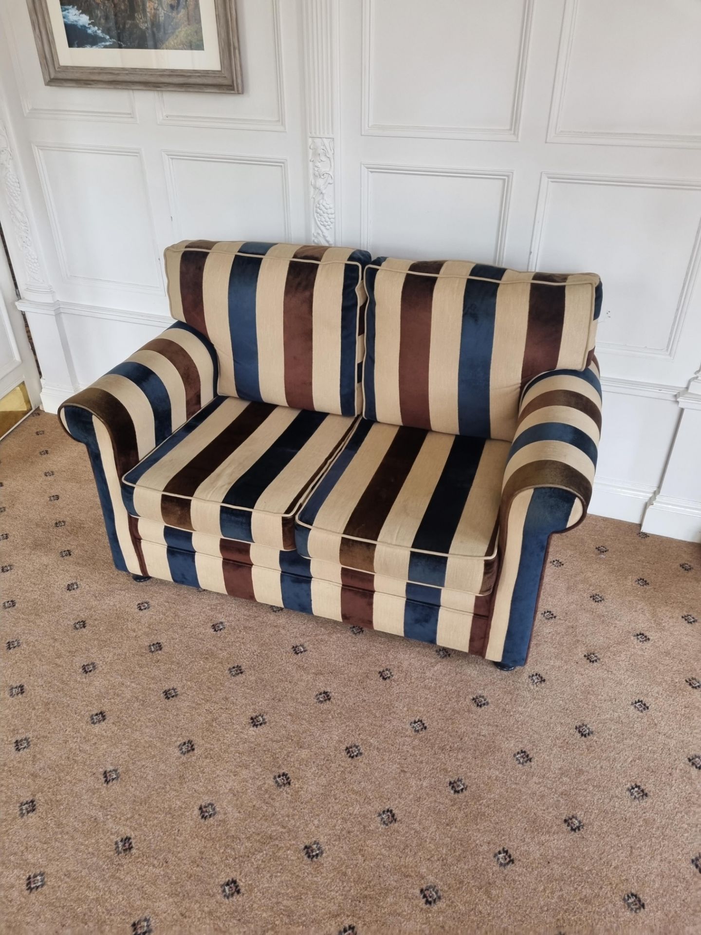 G Furniture Beige/Brown/Blue Striped Two Seater Sofa The Chesterfield 1930's Classic Style Sofa. The