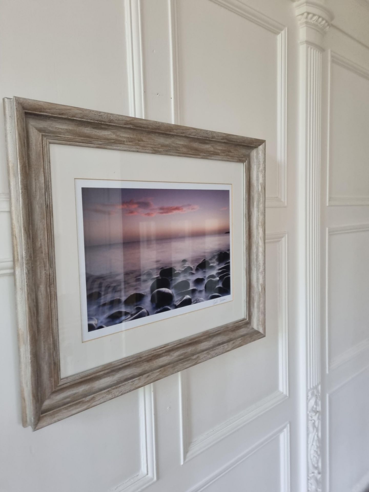 Signed Print Of pebbles and ocean In White Washed Wooden Frame W 510mm H 610mm