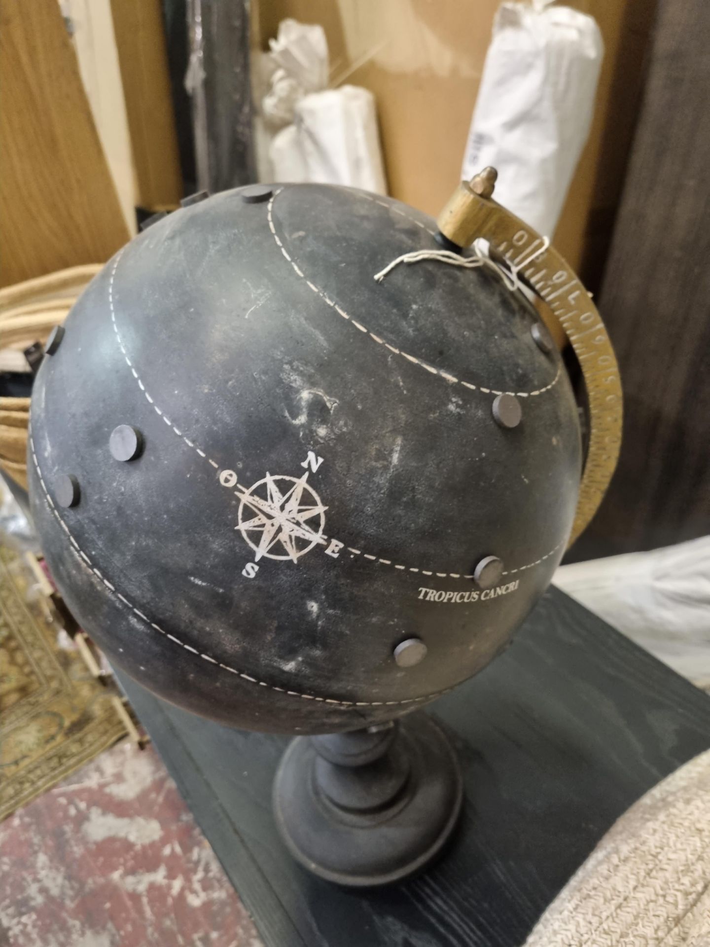 Black metal globe on black wooden base with brass axel W 300mm H 550mm (SR123) - Image 4 of 4