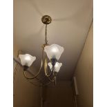 A Pair Of Three Branch Brass Chandeliers With Glass Frosted Shade D720 W 300mm