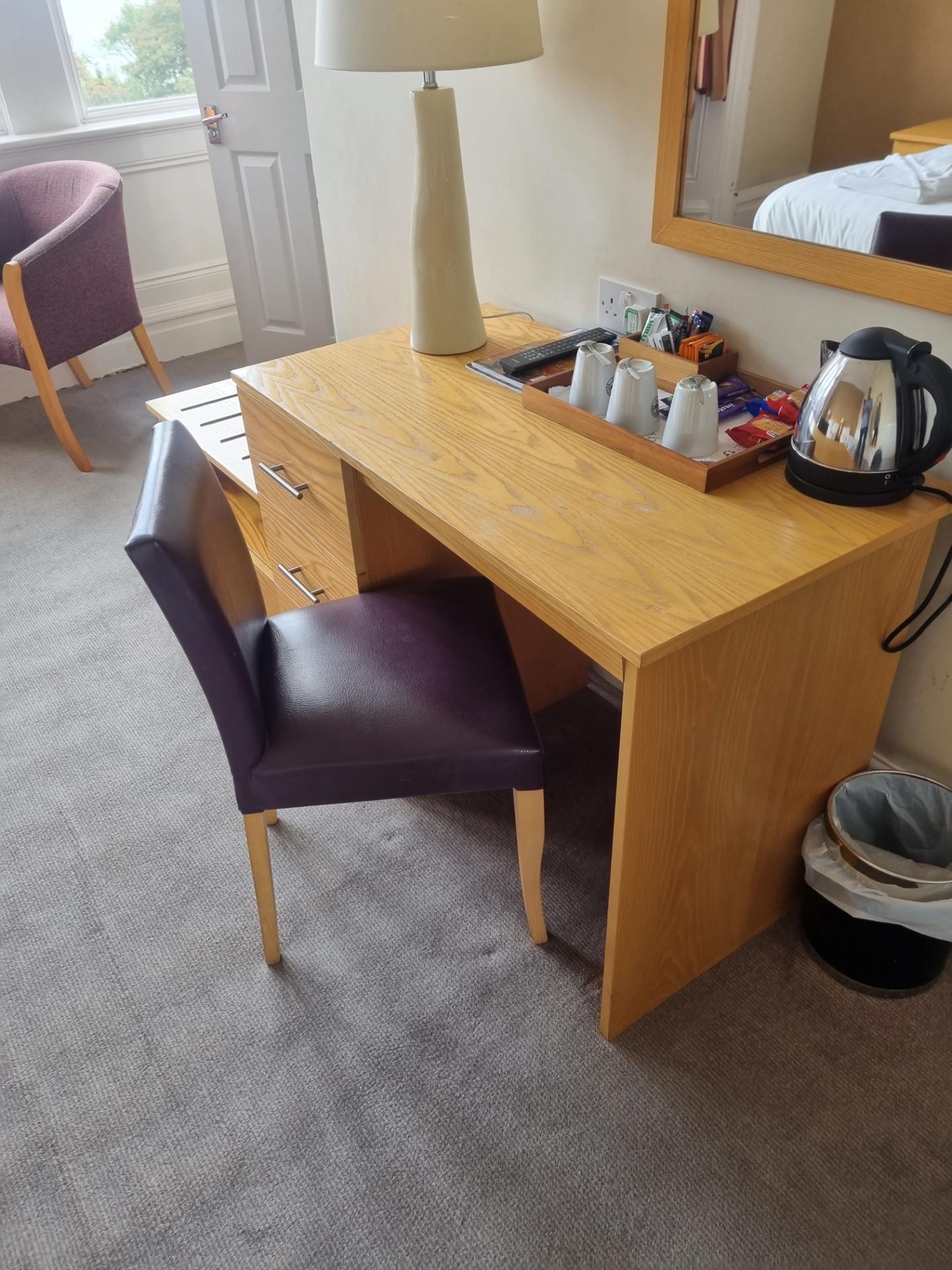 Pine Desk With 3 Drawers And Side Chair With Purple Upholstered Chair 1100 Mm X D 720 Mm H 750mm (