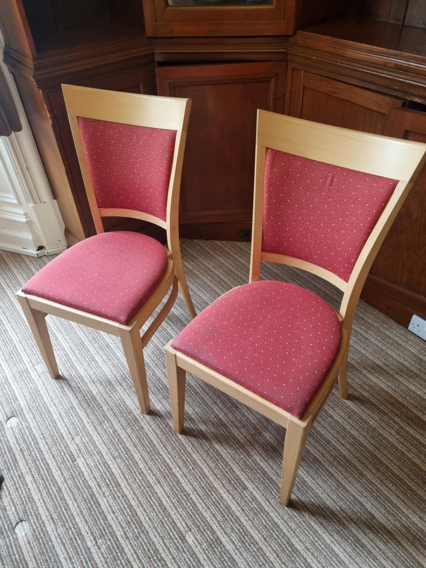 4x MAS Furniture Contracts Ltd Pine Chairs With Red Upholstered Seat And Back W 430mm D 400mm 930mm