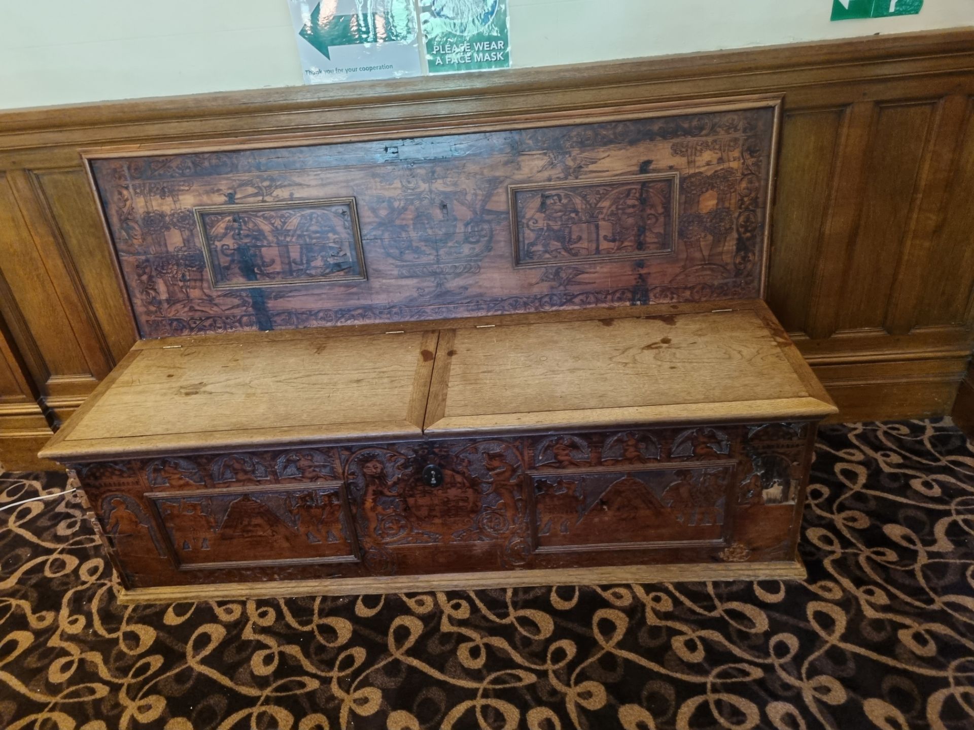 Wooden Monks Bench Seat With Carved Detail To Back And Hinged Lift Up Seat With Brass Handles On - Image 9 of 9