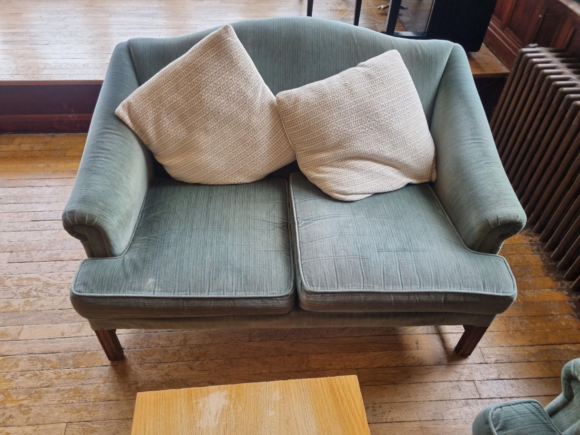 Teal Two Seater Sofa Scallped Back On Wooden Legs W 1250mm D 850mm H 820mm