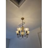 A Pair Of Five Branch Brass Chandeliers With Glass Frosted Shade D720 W 300mm