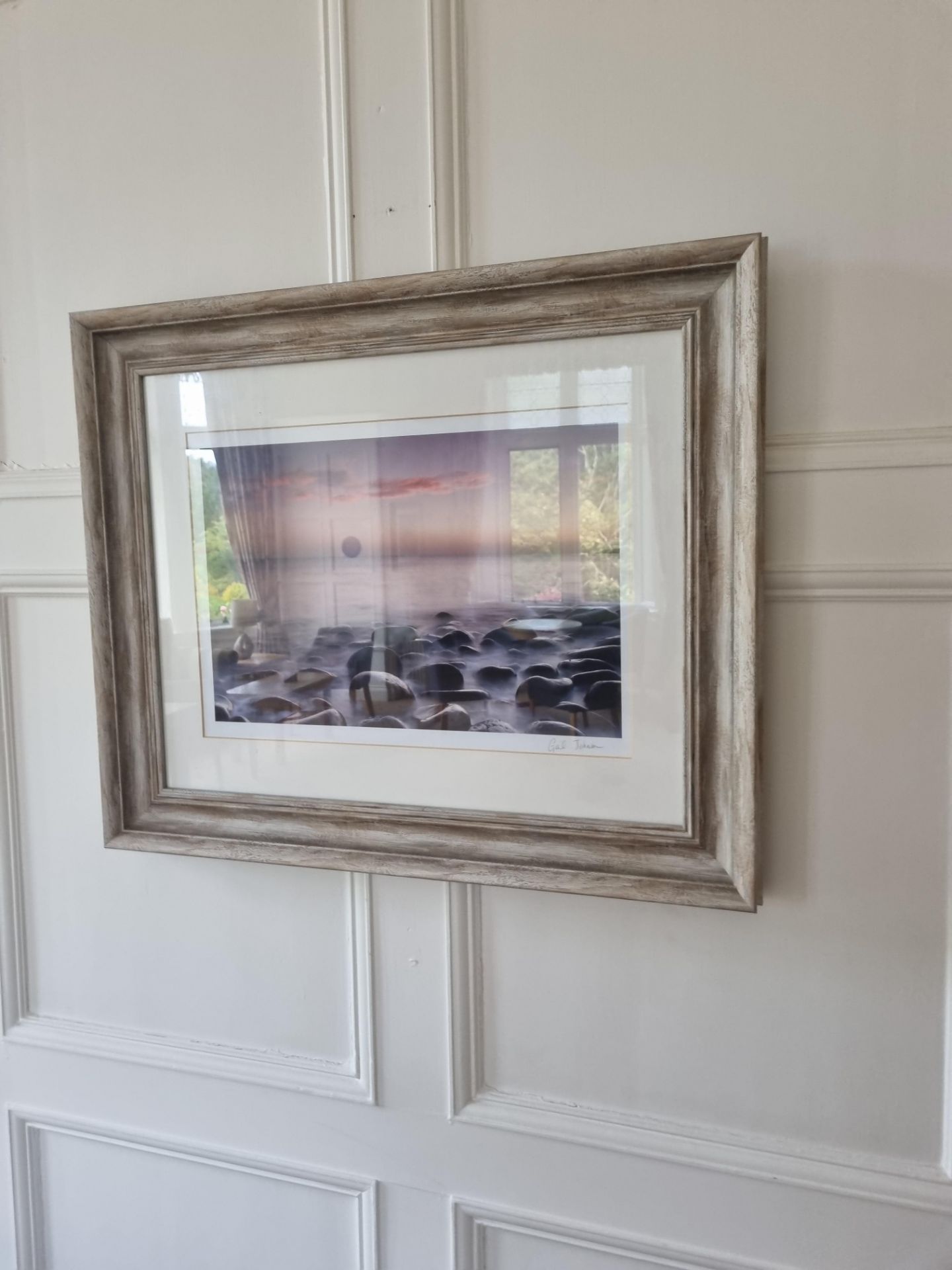 Signed Print Of pebbles and ocean In White Washed Wooden Frame W 510mm H 610mm - Image 3 of 3