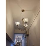 A Pair Of Three Branch Brass Chandeliers With Glass Frosted Shade D720 W 300mm