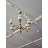 A Brass 6 Arm Chandelier With White Glass Shades Drop 750mm Width 600mm