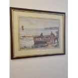 Framed vintage print titled Crabbers Bait By Charles Napier Hemy (1841-1971) In Wooden Frame With