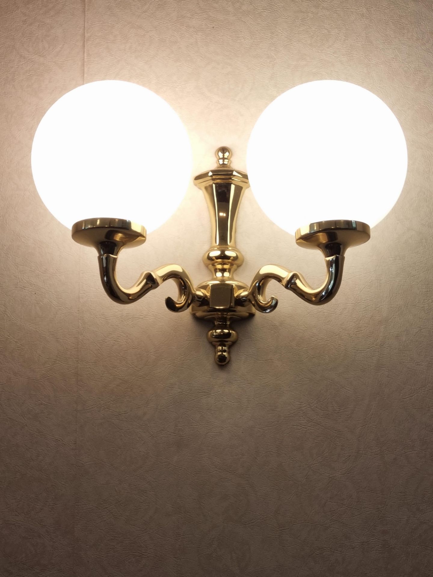 A Pair Of Brass Twin Arm With White Globe Shade Wall Scones Drop W 320mm