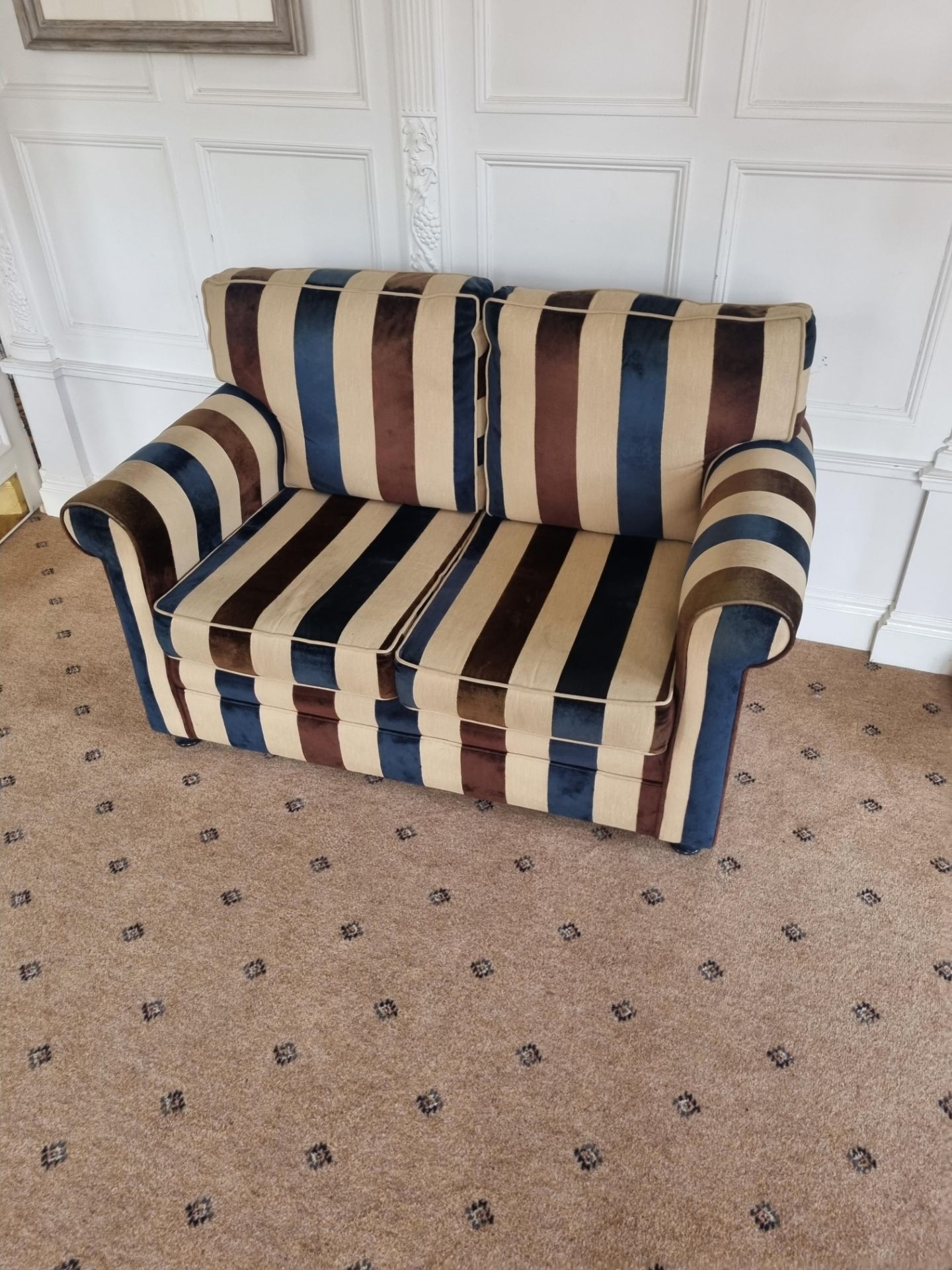 G Furniture Beige/Brown/Blue Striped Two Seater Sofa The Chesterfield 1930's Classic Style Sofa. The