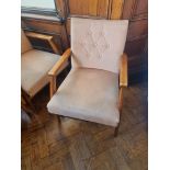 A Pair Of Wooden Beige Arm Chairs With Button Back Upholstery W 500mm D 460mm H 770mm
