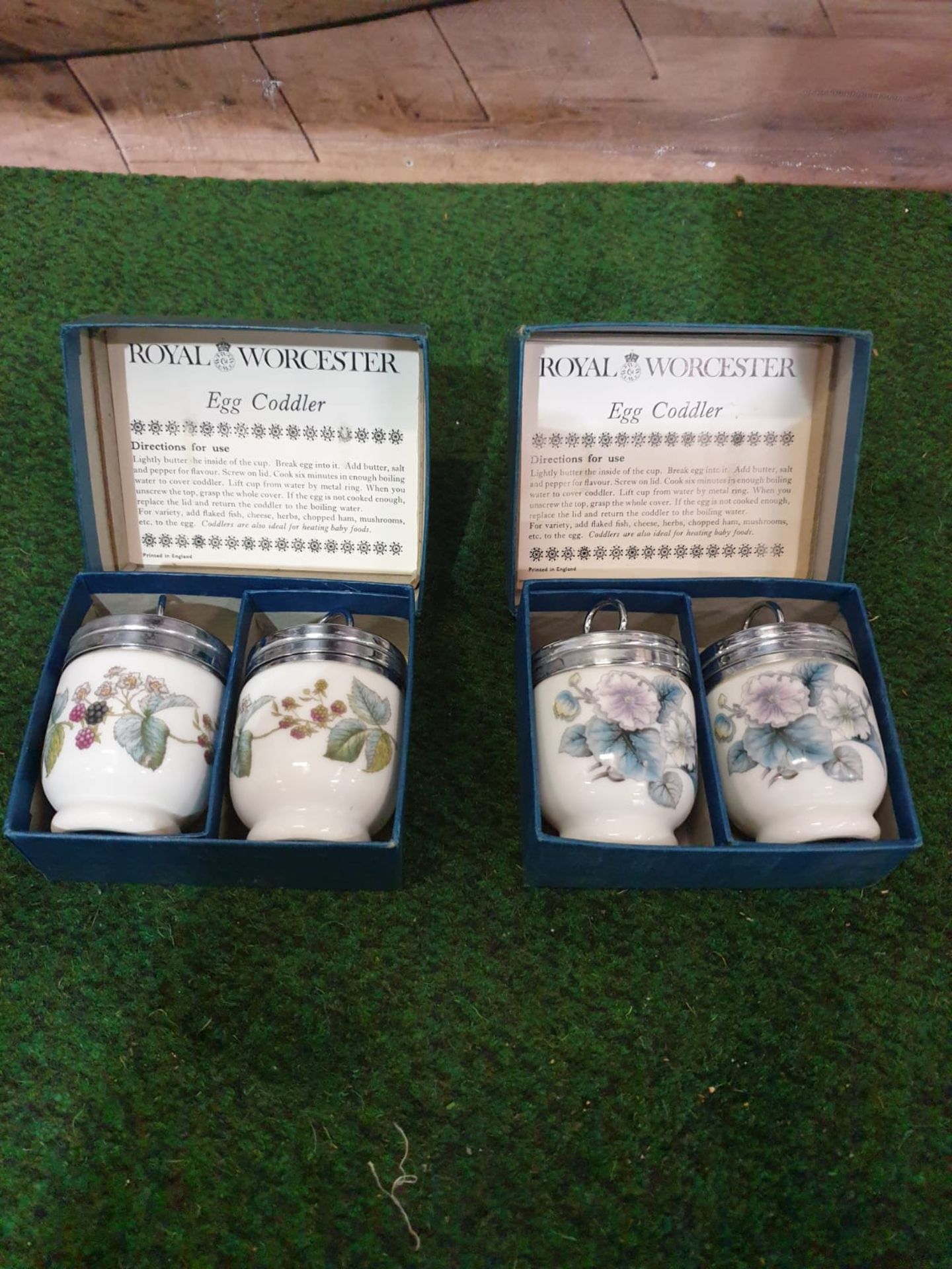 Royal Worcester Egg Coddlers 2 x boxed pairs of porcelain decorated egg coddlers