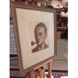 Framed portrait drawing charcoal and pencil of male sitter with pipe. 67 x 78cm