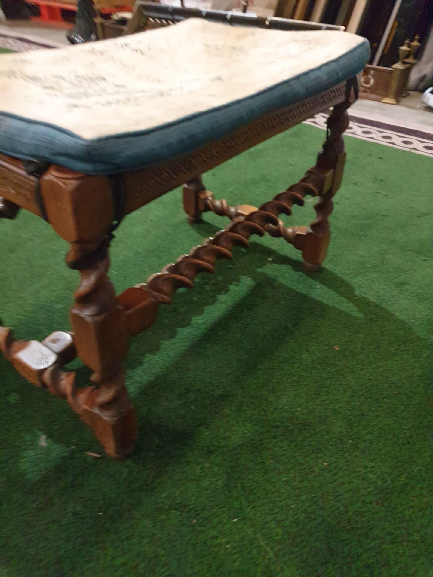 A walnut dressing stool. The oblong cushioned seat over a diaper-incised rail on twist-turned and - Image 4 of 6