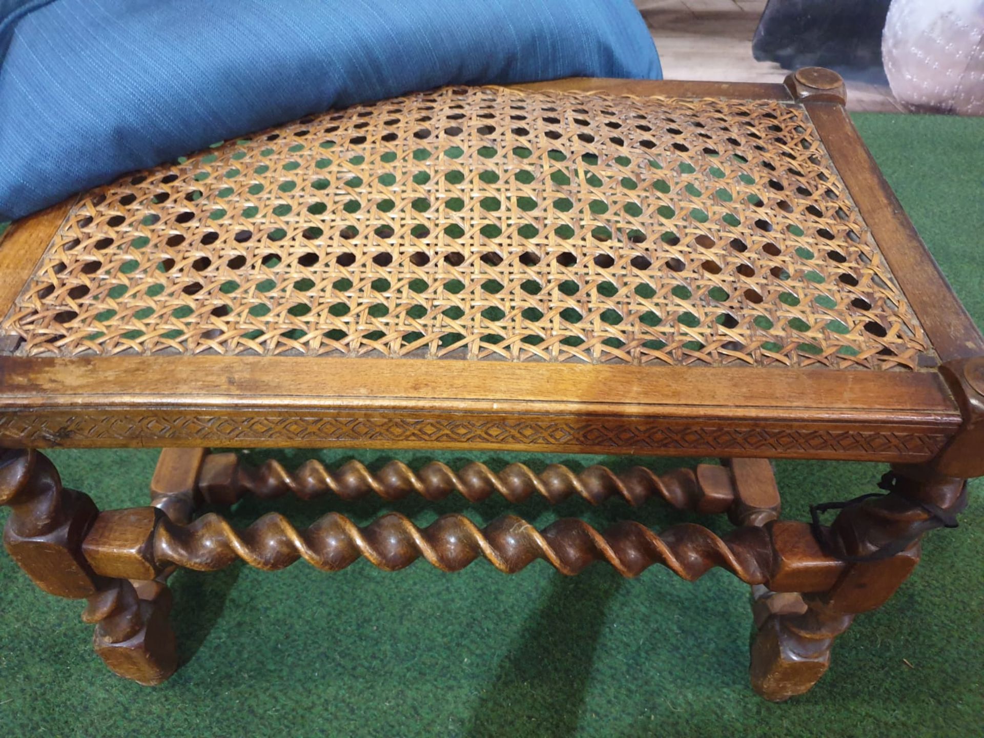 A walnut dressing stool. The oblong cushioned seat over a diaper-incised rail on twist-turned and - Image 6 of 6