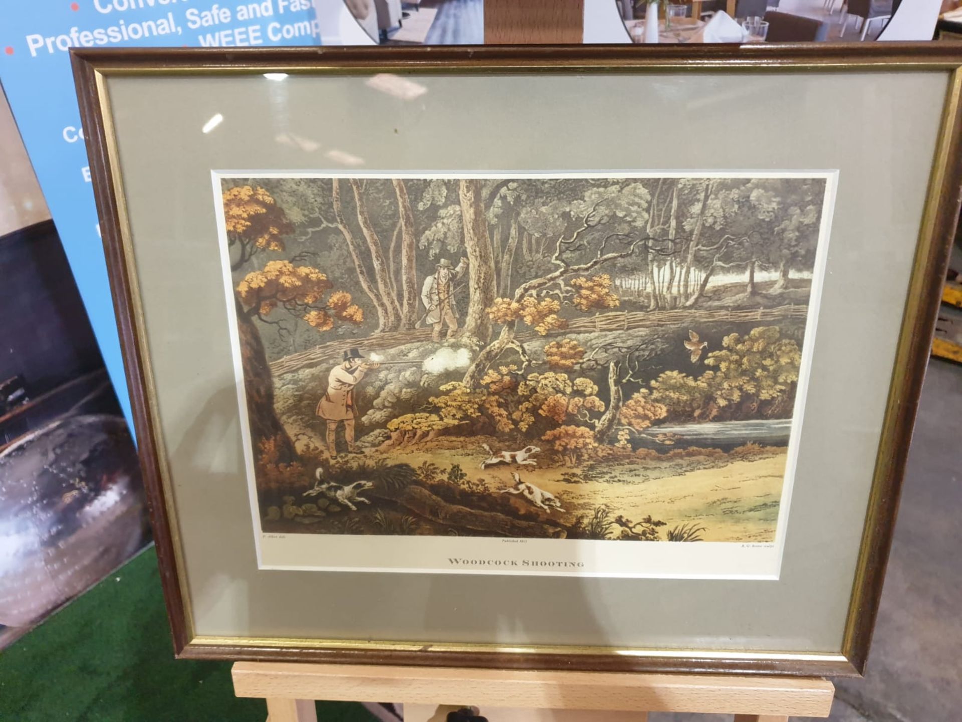 Framed coloured lithograph Woodstock Shooting R.G. Reeve, published 1806 44 x 37cm - Image 4 of 4