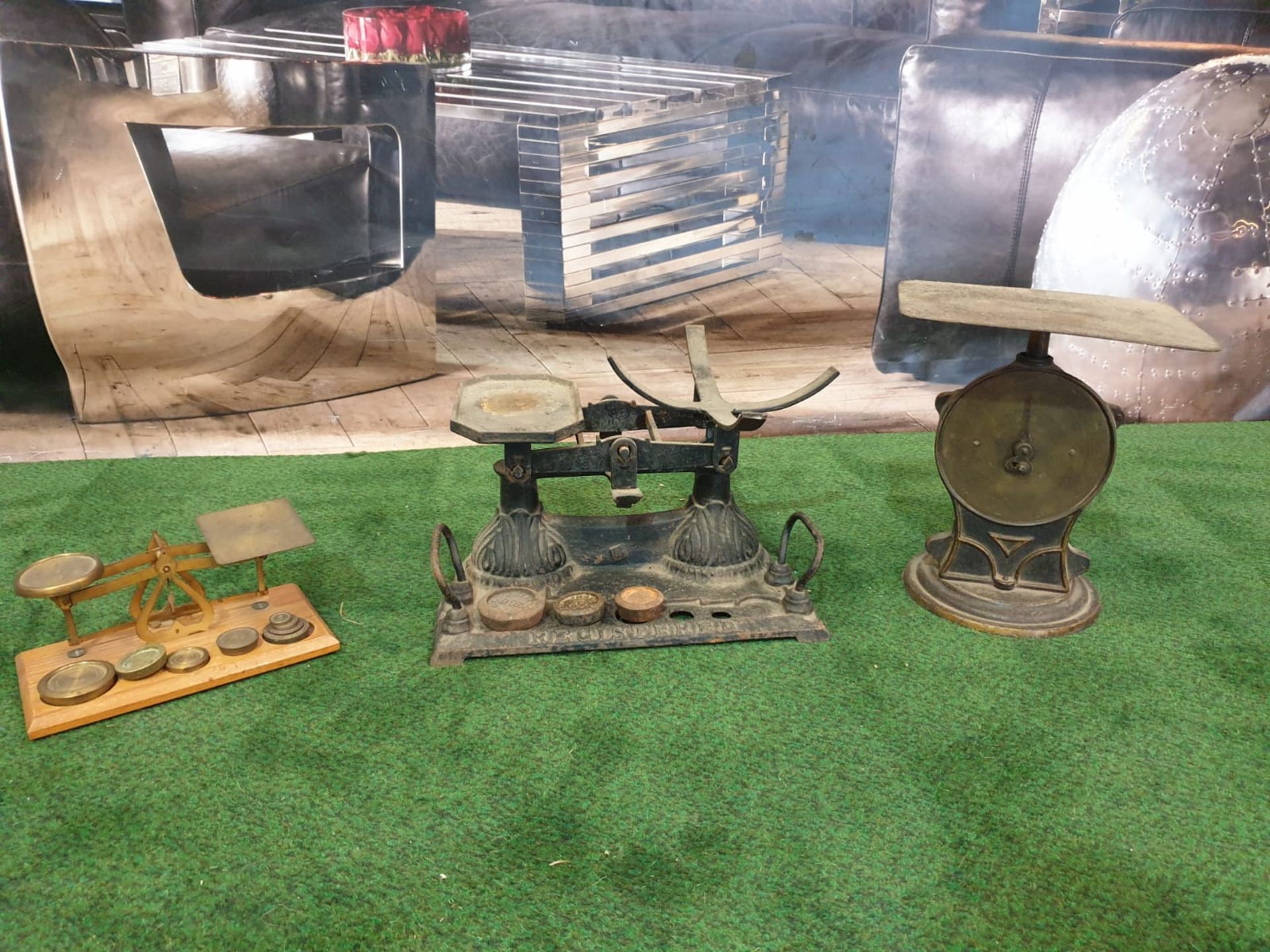 3 x various vintage scales 1 x Brass on wood with weights 1 x Black cast iron with some weights 1