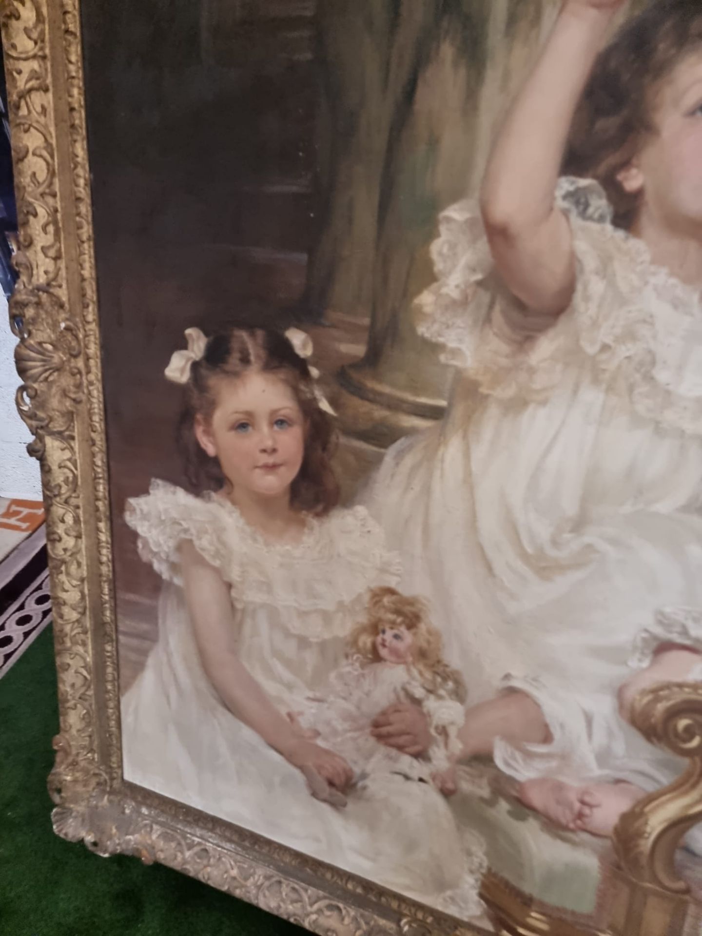 Framed oil on canvas Portrait of 3 Children with balloon and doll in subject. In ornate gilt and - Image 6 of 9