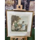 Framed coloured print of 4 Children playing, 1 child doing archery, hat and arrows on ground in