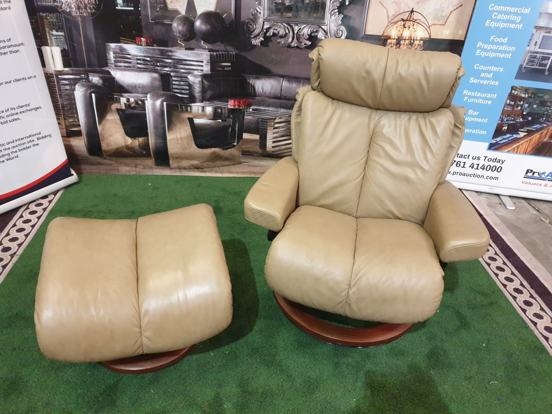 An Ekornes `Stressless` leather covered adjustable chair and stool, Norway. The pale caramel brown - Image 2 of 4